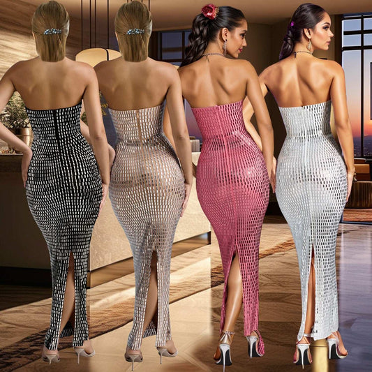 Fashion Women's Solid Color Rhinestone Sleeveless Dress Long