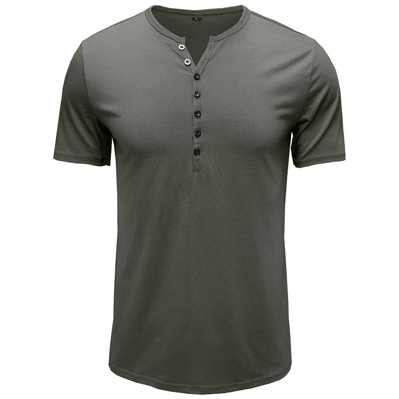 Summer Men's Clothing European And American Men's Henley Shirt Short-sleeved Me's T-shirt Solid Color Top