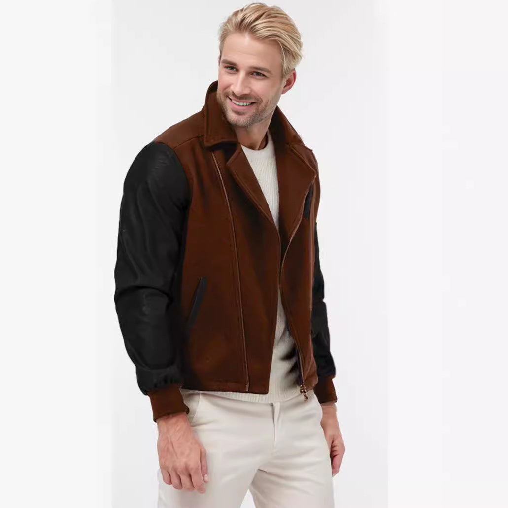 PU Leather Patchwork Wool Lapel Color Matching Men's Jacket - globaltradeleader