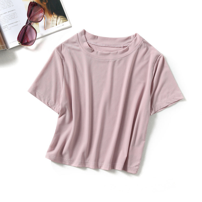 Waist Exposed T-shirt Ice Silk Thread New Short Model Exposed Navel Exposed Short Sleeve Slim Summer Round Neck T-shirt For Women