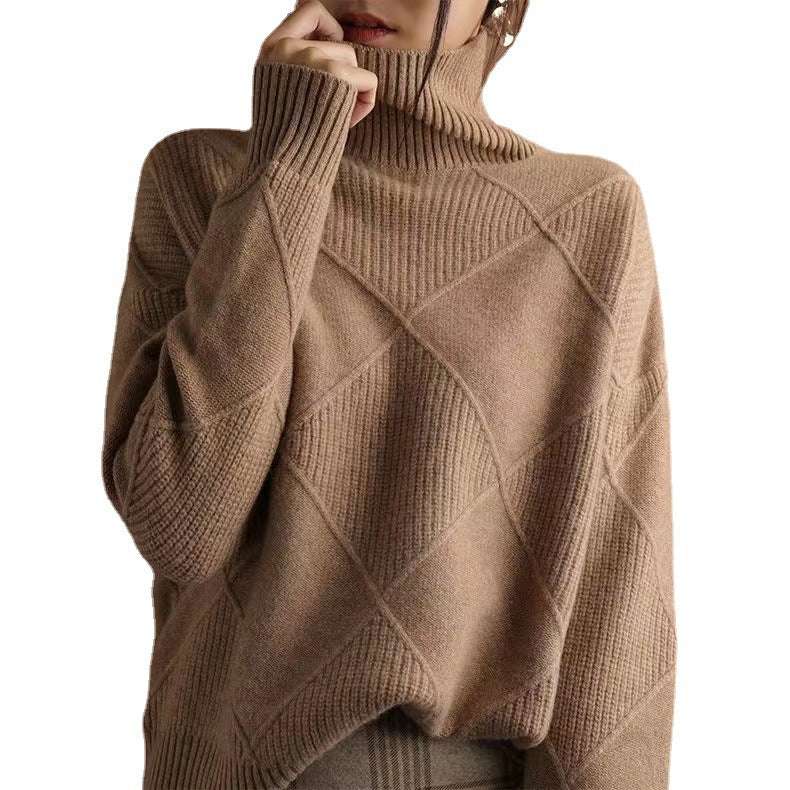 Cashmere Turtleneck Women's Autumn And Winter Thickened Loose Outer Rhombus Knitted Sweater With Inner Base Layer
