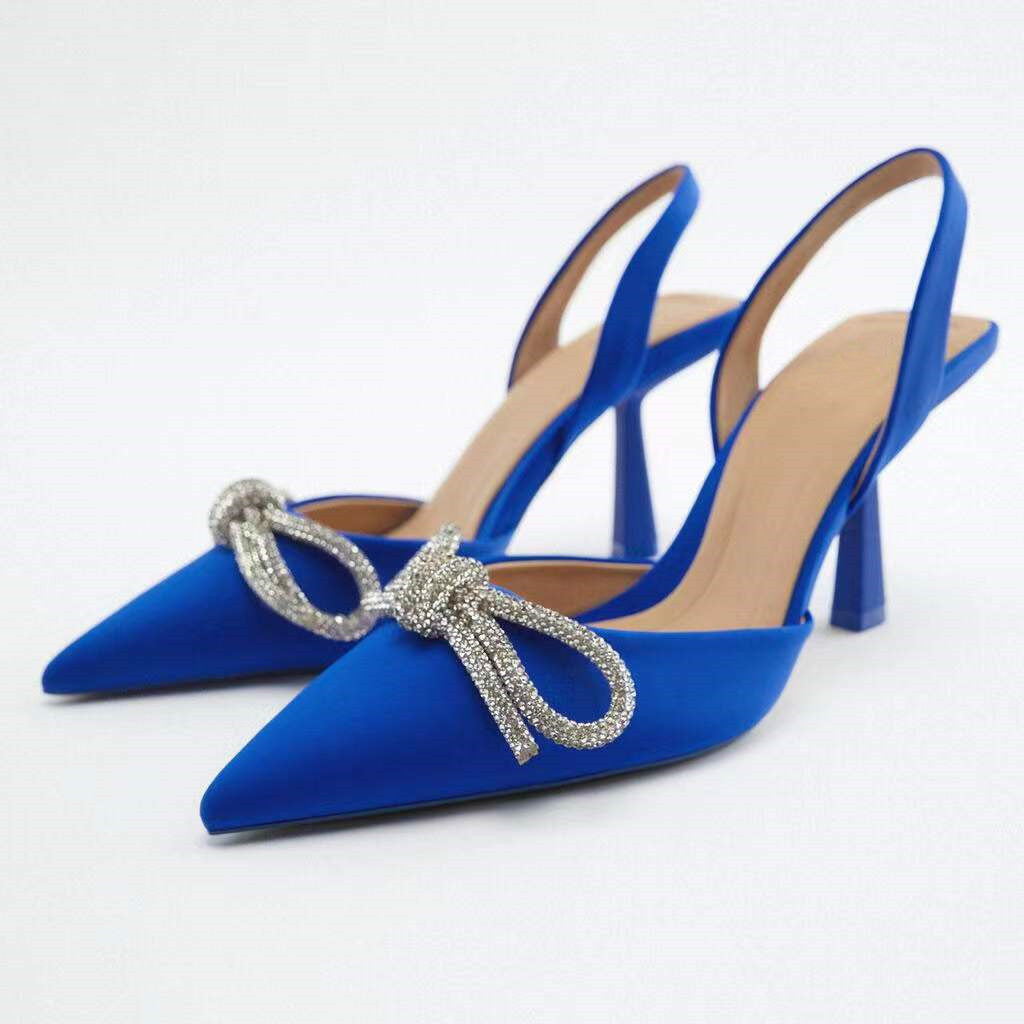 Summer Women's Shoes Blue Rhinestone Bow High Heel Fine Heel Baotou Sandals Women's Large Size