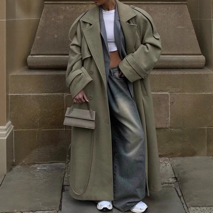 Lapel And Waist Tight Lace-up Long Coat Woolen Coat - globaltradeleader