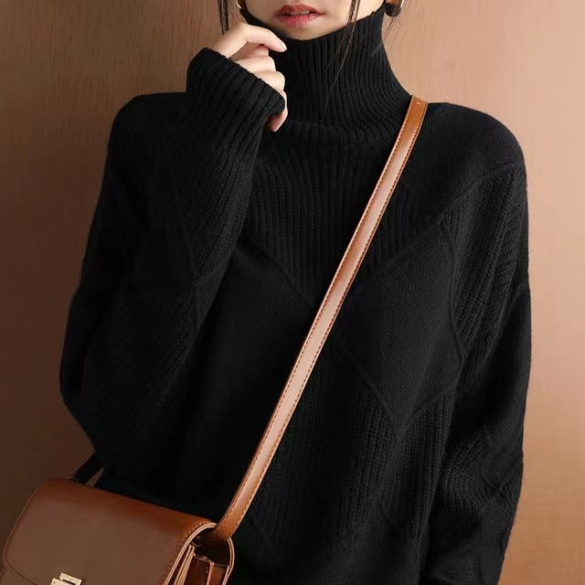 Cashmere Turtleneck Women's Autumn And Winter Thickened Loose Outer Rhombus Knitted Sweater With Inner Base Layer