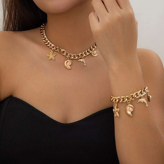 Creative Boho Conch Dolphin Starfish Pendant Choker Necklace Bracelets Women Trendy Vintage Tassel Chain Grunge Jewelry Fashion Jewelry - globaltradeleader