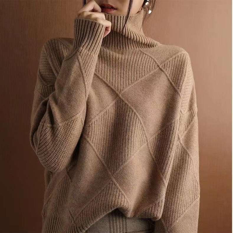 Cashmere Turtleneck Women's Autumn And Winter Thickened Loose Outer Rhombus Knitted Sweater With Inner Base Layer