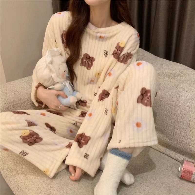 2023 Winter Home Wear Women Can Wear Coral Velvet Warm Printed Thickened Long Sleeve Home Casual Warm Suit