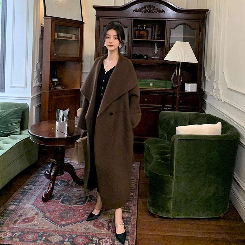 Women's Large Lapel Pure Color Tied Warm Reversible Woolen Coat - globaltradeleader