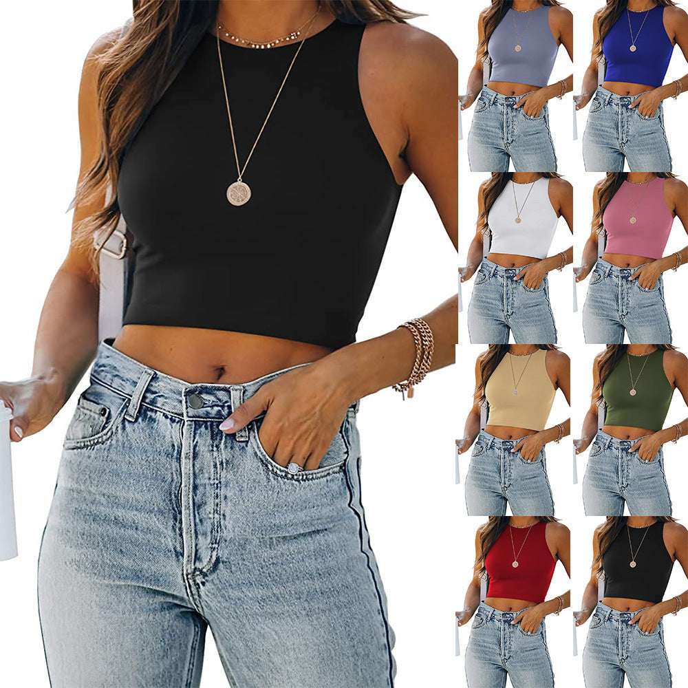 Summer Solid Color New Wish Europe And The United States Sleeveless Round Neck I-shaped Vest T-shirt Foreign Trade Women's Clothing