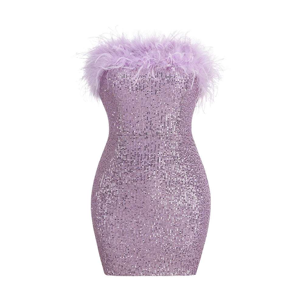 European And American Women's Sexy Backless Ostrich Hair Tassel Tube Dress High-end Elegant Sequin Hip Dress