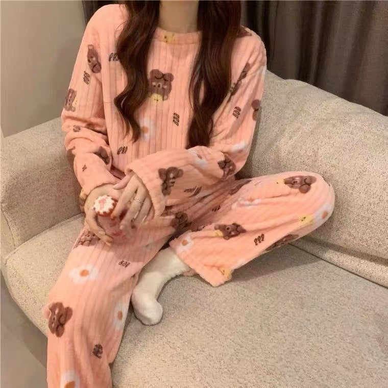 2023 Winter Home Wear Women Can Wear Coral Velvet Warm Printed Thickened Long Sleeve Home Casual Warm Suit