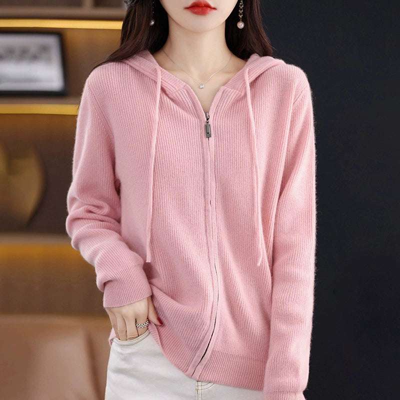 Wool Blended Women's Zipper Hooded Knitted Cardigan, Long-sleeved Outer Wear And Inner Sweater Jacket - globaltradeleader