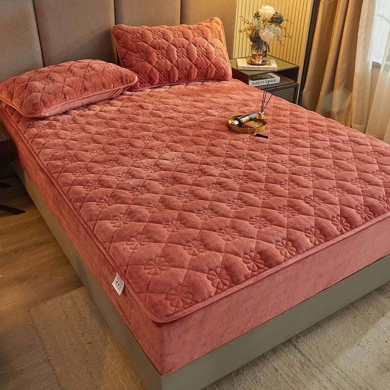 Milk Velvet Quilted Bed Sheet Single Piece Winter Thickened Coral Flannel Bed Cover Three-piece Set Mattress Protector Sheet - globaltradeleader
