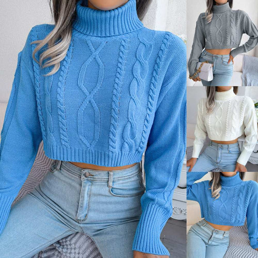 Real Shot Of Autumn And Winter European And American Fashion Twist Long-sleeved High-necked Short Pullover Sweater Women's Clothing - globaltradeleader