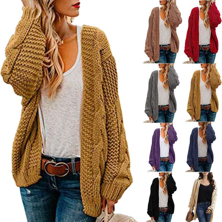 European And American Spring And Autumn Coarse Needle Twist Knitted Cardigan Women's Mid-length Solid Color Casual Loose Coat Cardigan