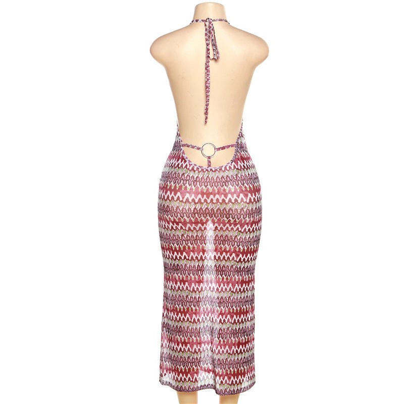 Women's Clothing Summer Mesh See-through Printed Backless Bohemian Style Dress