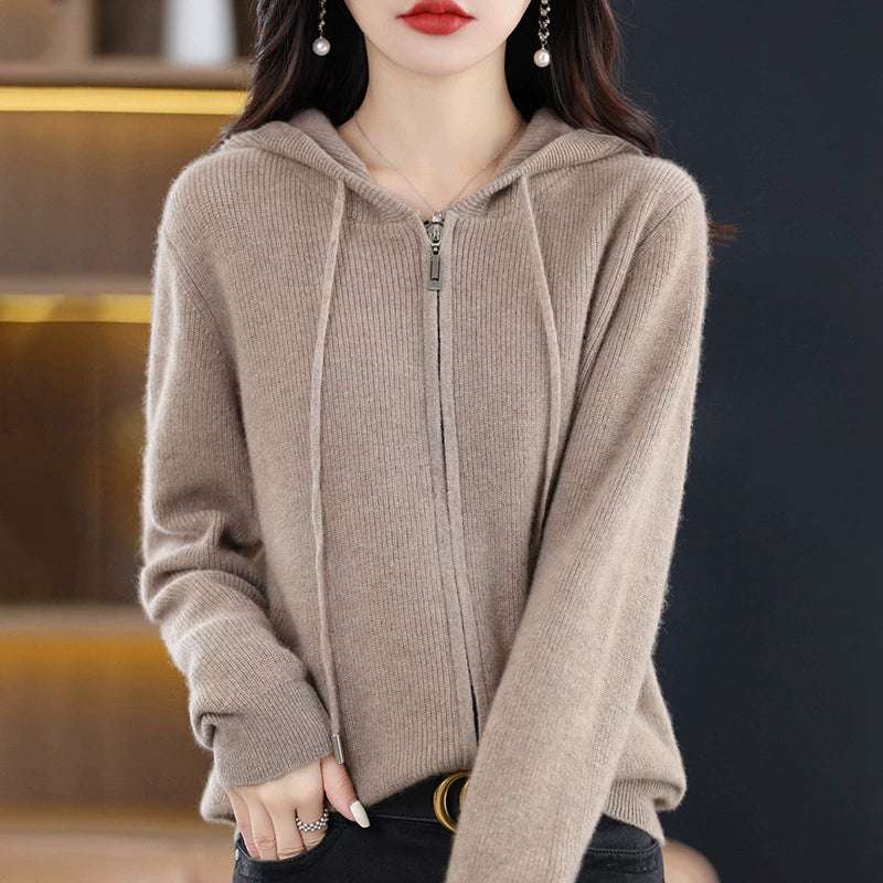 Wool Blended Women's Zipper Hooded Knitted Cardigan, Long-sleeved Outer Wear And Inner Sweater Jacket - globaltradeleader