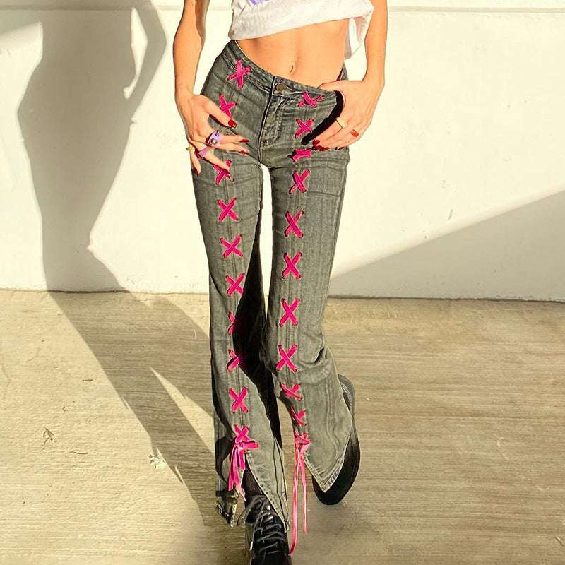 Hot Girl Style Low-waisted Slim-fit Jeans Spring Style Irregular Color-contrasting Lace-up Slit Slightly Flared Trousers