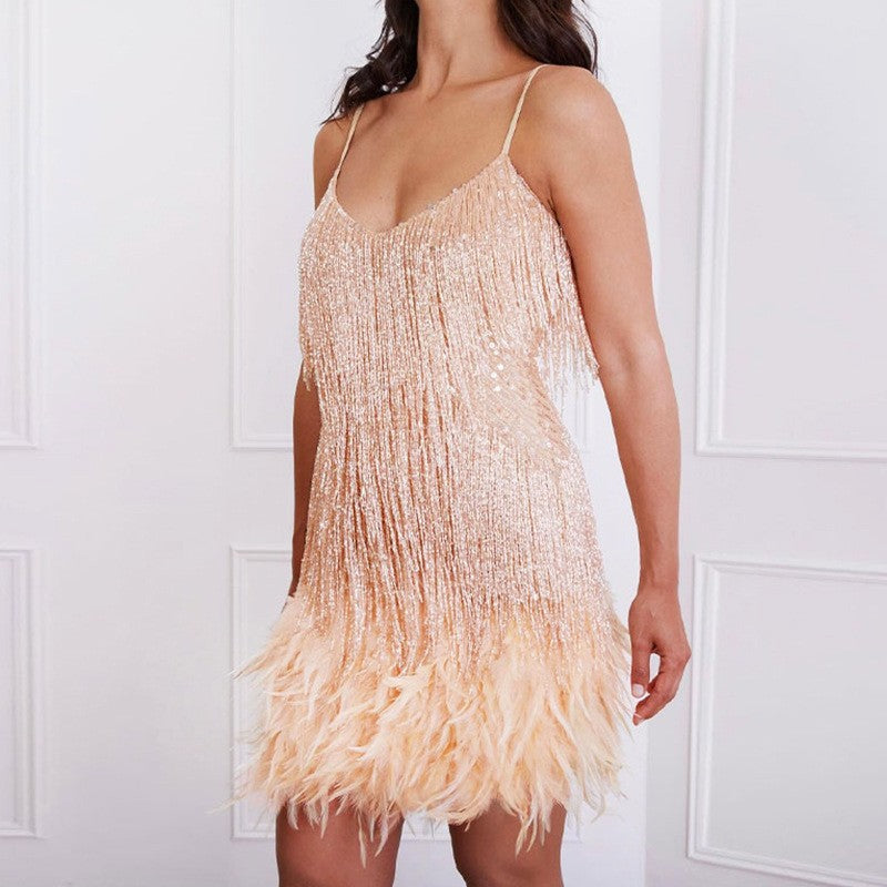 V-neck Strap Feather Stitching Dress - globaltradeleader