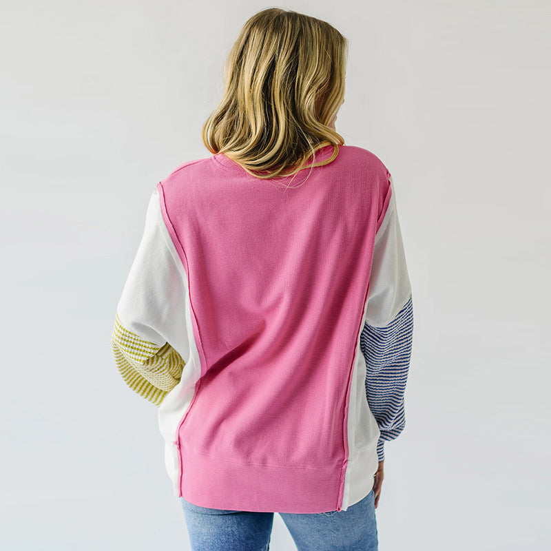 Autumn New Round-neck Pullover Women's Color Matching Long Sleeve - globaltradeleader