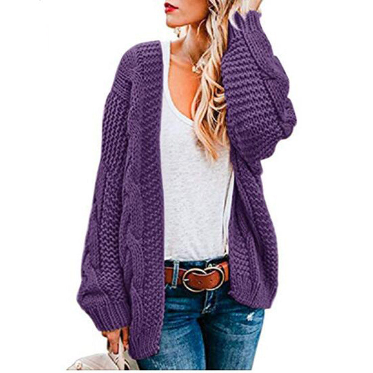European And American Spring And Autumn Coarse Needle Twist Knitted Cardigan Women's Mid-length Solid Color Casual Loose Coat Cardigan