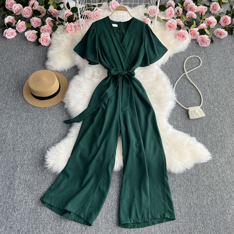 Temperament V-neck Short-sleeved Waist Strap Slim Jumpsuit Solid Color Simple High Waist Drape Wide-leg Pants