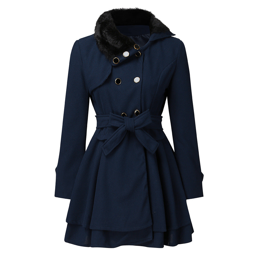 Women's Fur Collar Coat Double-breasted Trench Coat With Large Skirt - globaltradeleader