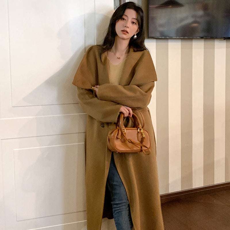 Women's Large Lapel Pure Color Tied Warm Reversible Woolen Coat - globaltradeleader