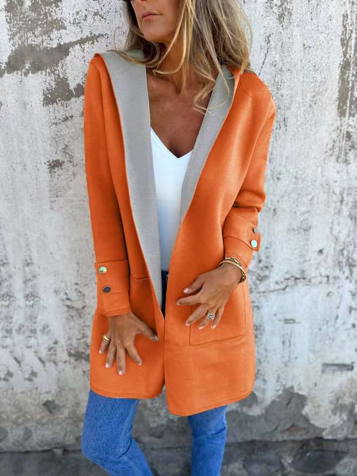 European And American Spring New Women's Clothing Casual Contrast Color Sweater Cardigan Hooded Coat - globaltradeleader