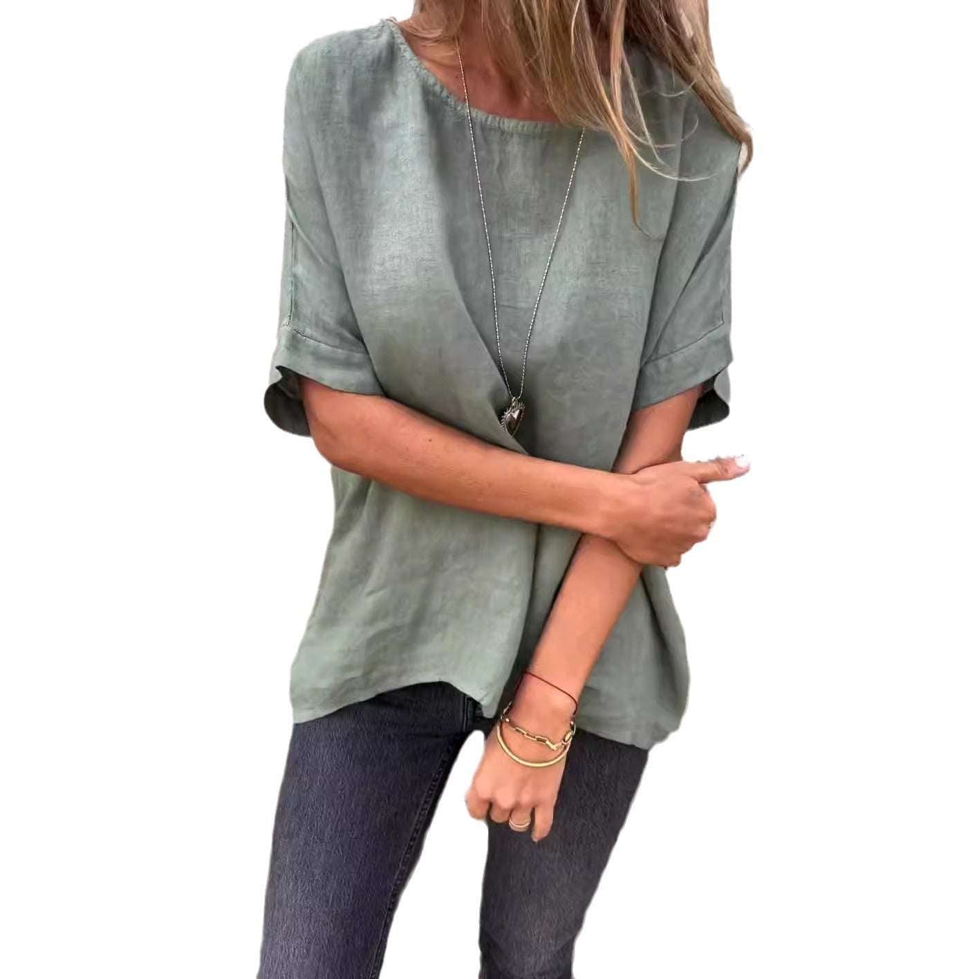 Spring And Summer Round Neck Medium Long Sleeve Cotton Linen Loose T-shirt Top For Women