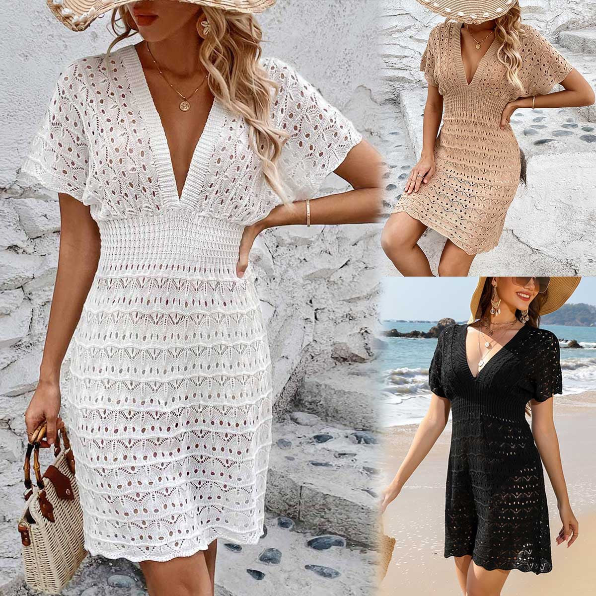 Deep V-neck Beach Dress Wave Pattern Hollow Out - globaltradeleader