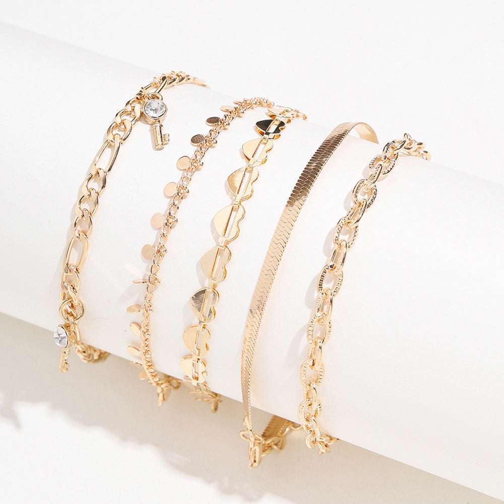 Punk European And American Style New Hollow Love Anklet Disc Snake-shaped Chain Diamond Key Tassel 5 Piece Set Foot Jewelry