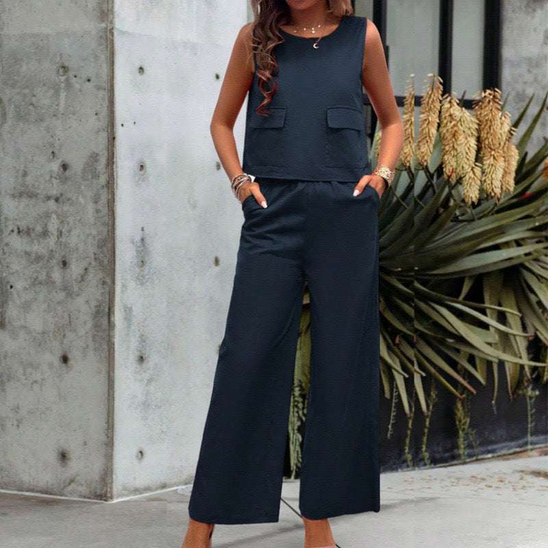 Leisure Solid Color Sleeveless Top Wide Leg Trousers Suit - globaltradeleader