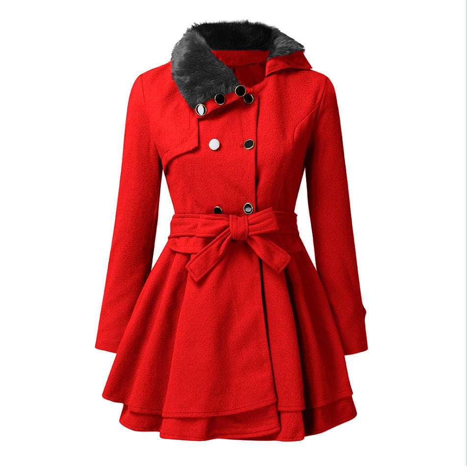Women's Fur Collar Coat Double-breasted Trench Coat With Large Skirt - globaltradeleader