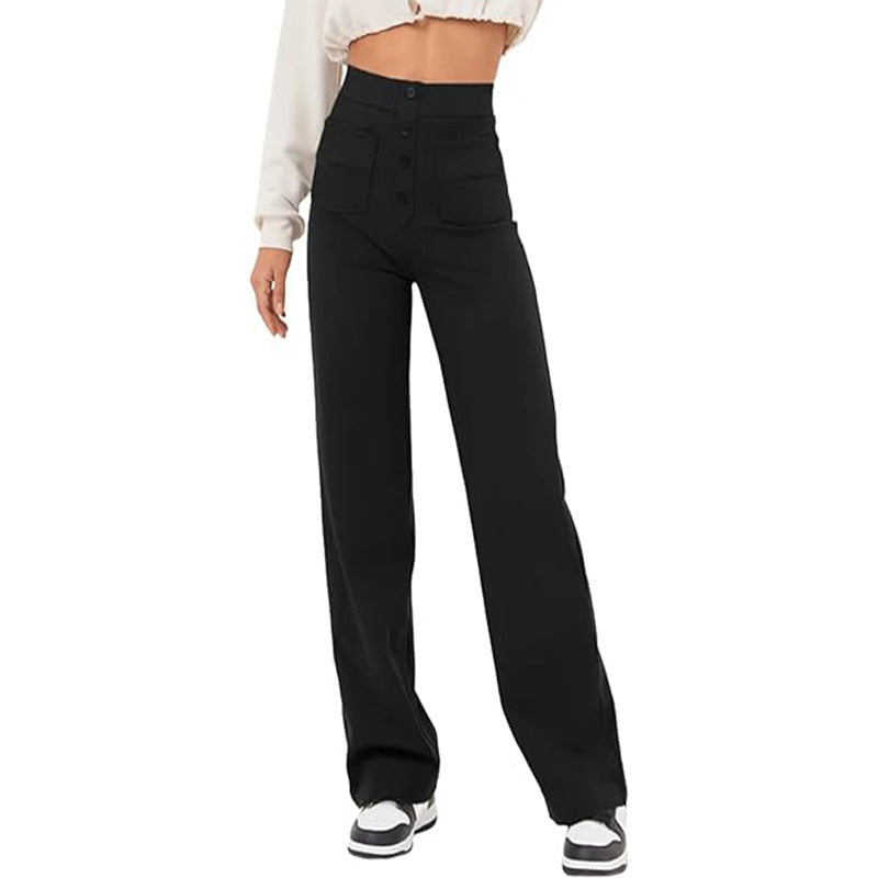 High Waist Trousers With Pockets Casual Loose Wide Leg Button Straight Pants Women's Clothing - globaltradeleader