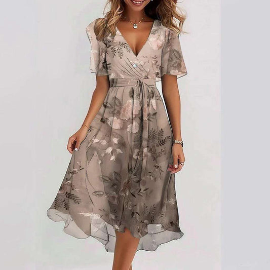 Chiffon Printed Women Sexy Elegant Light Mature V-Neck Dress