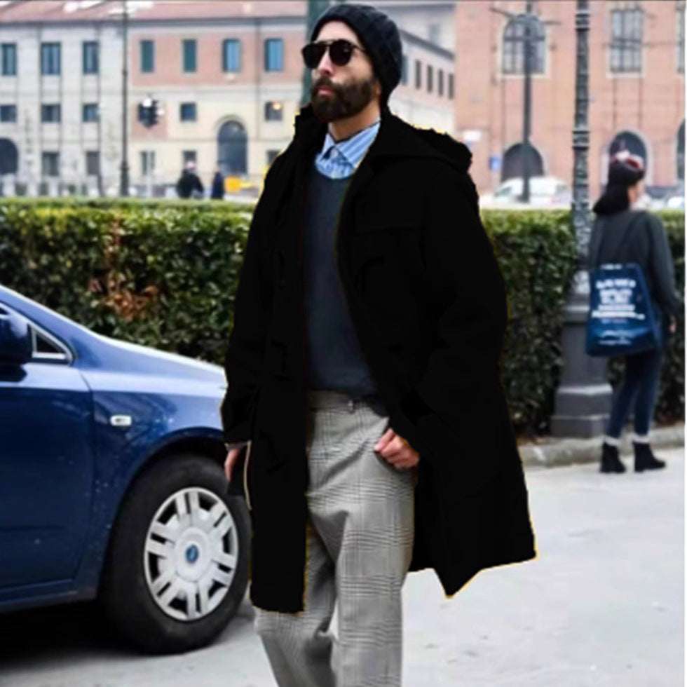 Retro Horn Button Hooded Woolen Trench Coat Men - globaltradeleader