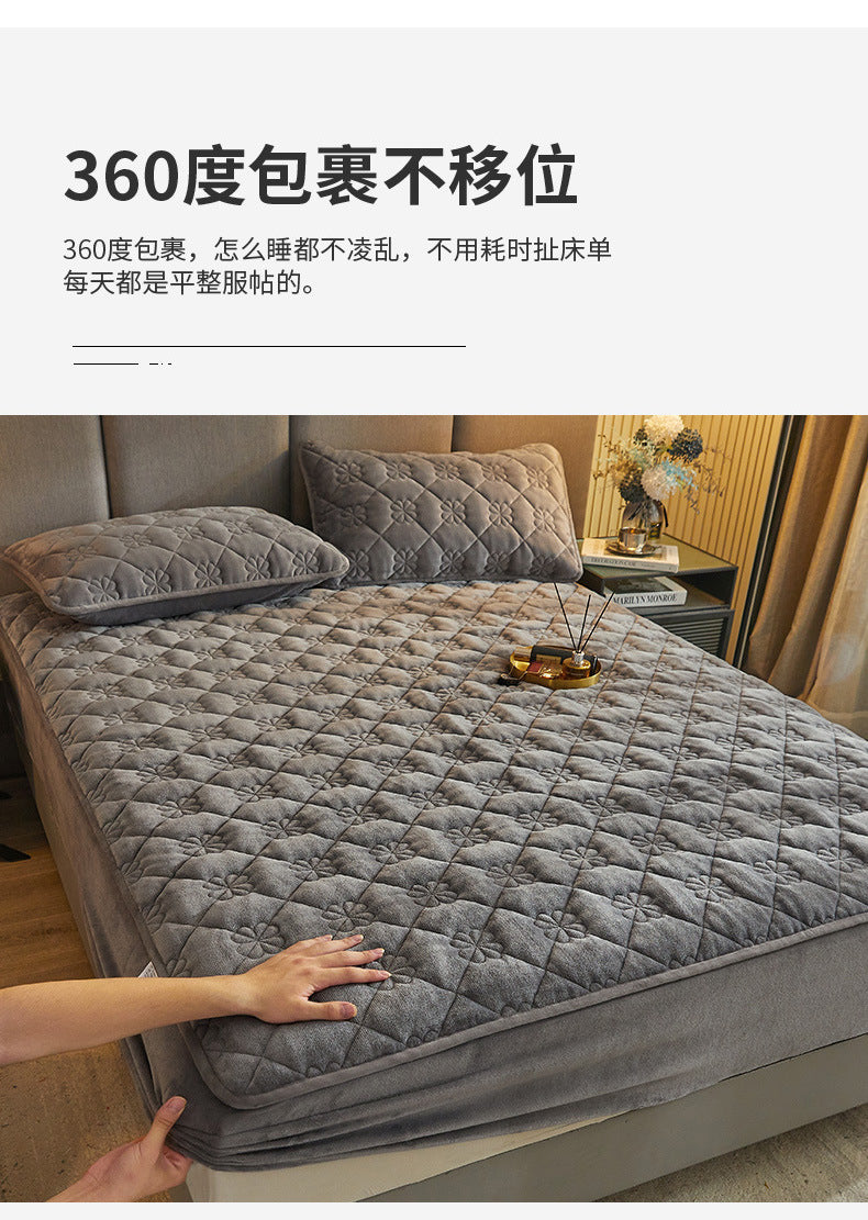 Milk Velvet Quilted Bed Sheet Single Piece Winter Thickened Coral Flannel Bed Cover Three-piece Set Mattress Protector Sheet - globaltradeleader