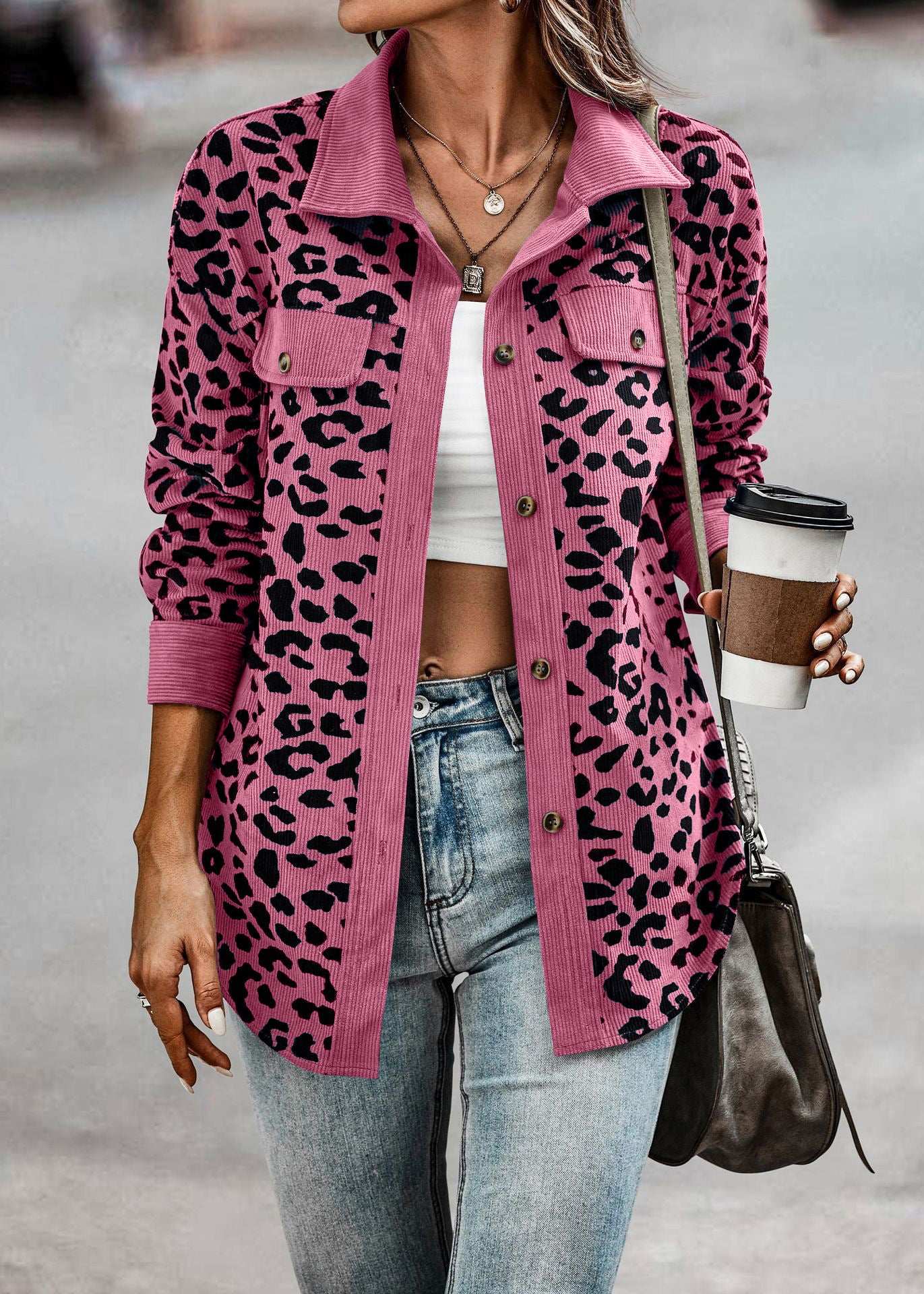 Women's Clothing Autumn And Winter Fashion Leopard Print Button Long-sleeved Jacket