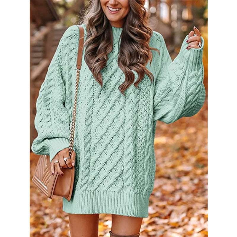 European And American Women's Clothing Round Neck Long Sleeves Large Profile Cable Knit Thick Knit Pullover Mid-length Sweater Women's Dress - globaltradeleader
