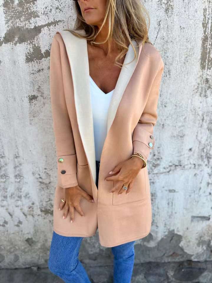 European And American Spring New Women's Clothing Casual Contrast Color Sweater Cardigan Hooded Coat - globaltradeleader