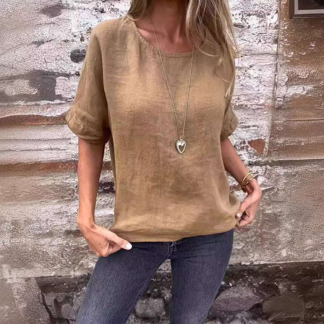 Spring And Summer Round Neck Medium Long Sleeve Cotton Linen Loose T-shirt Top For Women