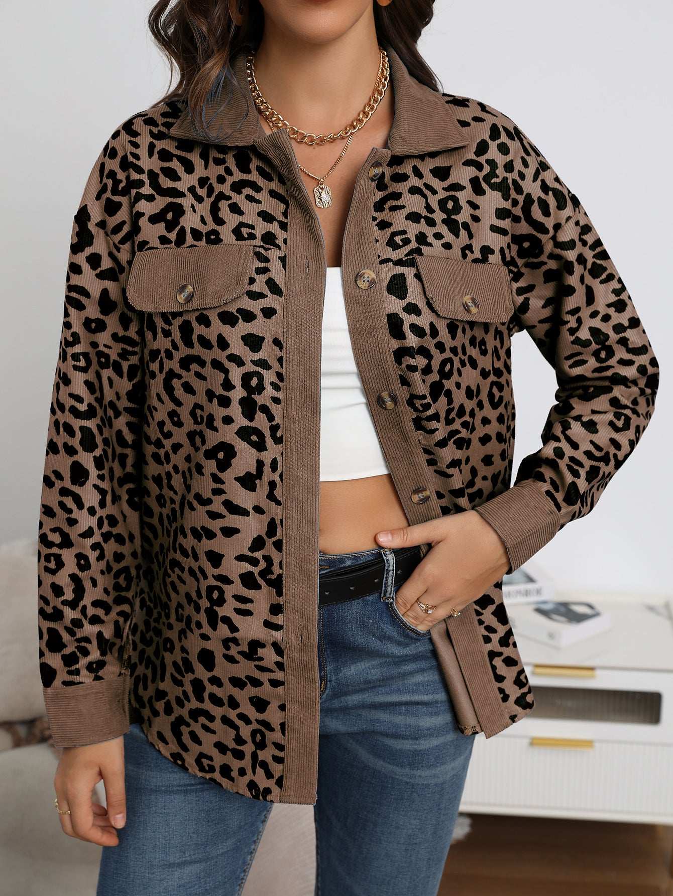 Women's Clothing Autumn And Winter Fashion Leopard Print Button Long-sleeved Jacket