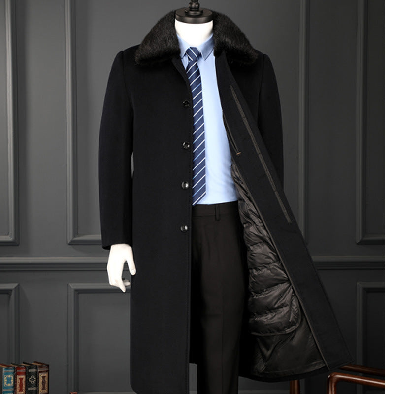 Winter Men's Cashmere Coat Long Over The Knee Big Fur Collar Middle-aged And Elderly Dad's Woolen Coat