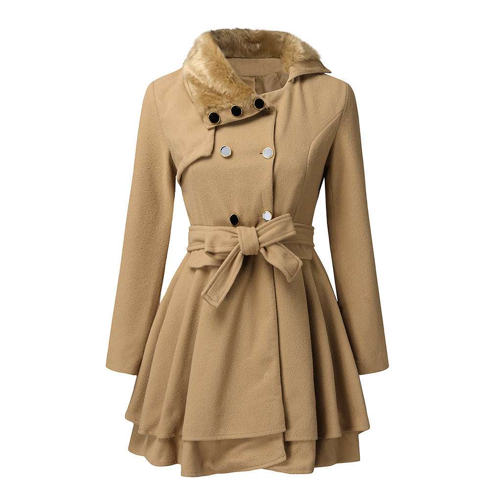 Women's Fur Collar Coat Double-breasted Trench Coat With Large Skirt - globaltradeleader