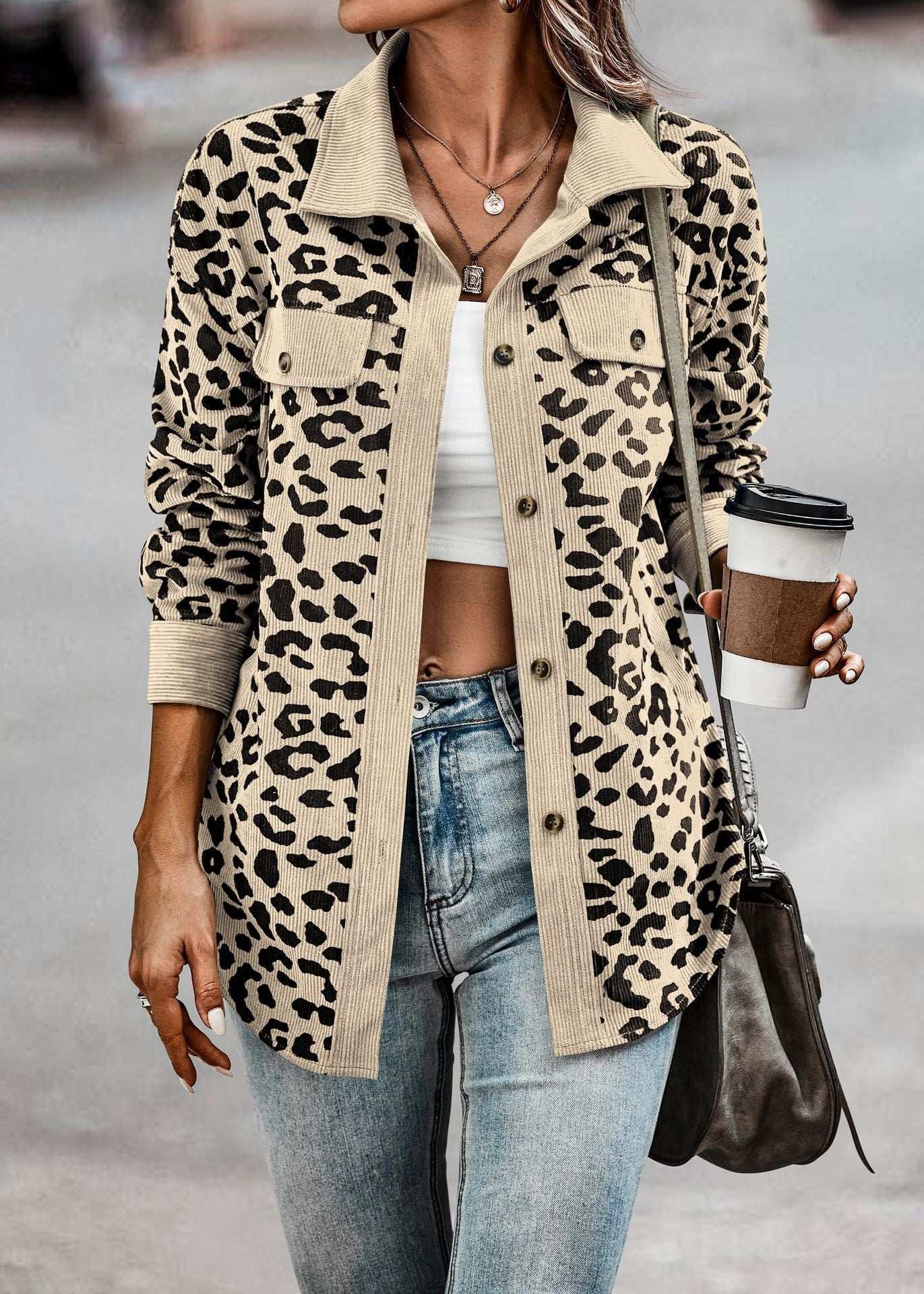 Women's Clothing Autumn And Winter Fashion Leopard Print Button Long-sleeved Jacket
