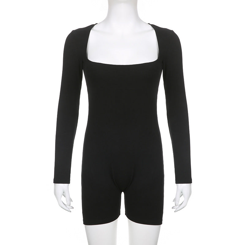 Women's Solid Color Basic Bottoming Square Collar Long-sleeved Slim Jumpsuit Casual Sports Shorts