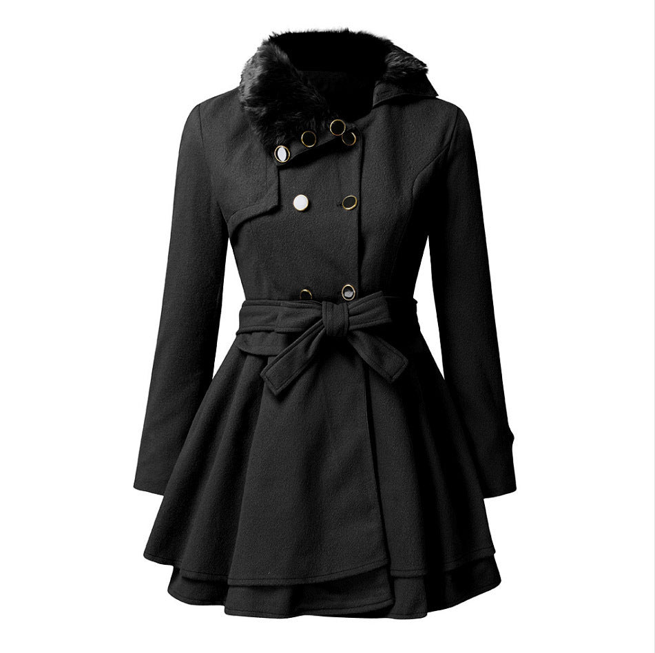 Women's Fur Collar Coat Double-breasted Trench Coat With Large Skirt - globaltradeleader