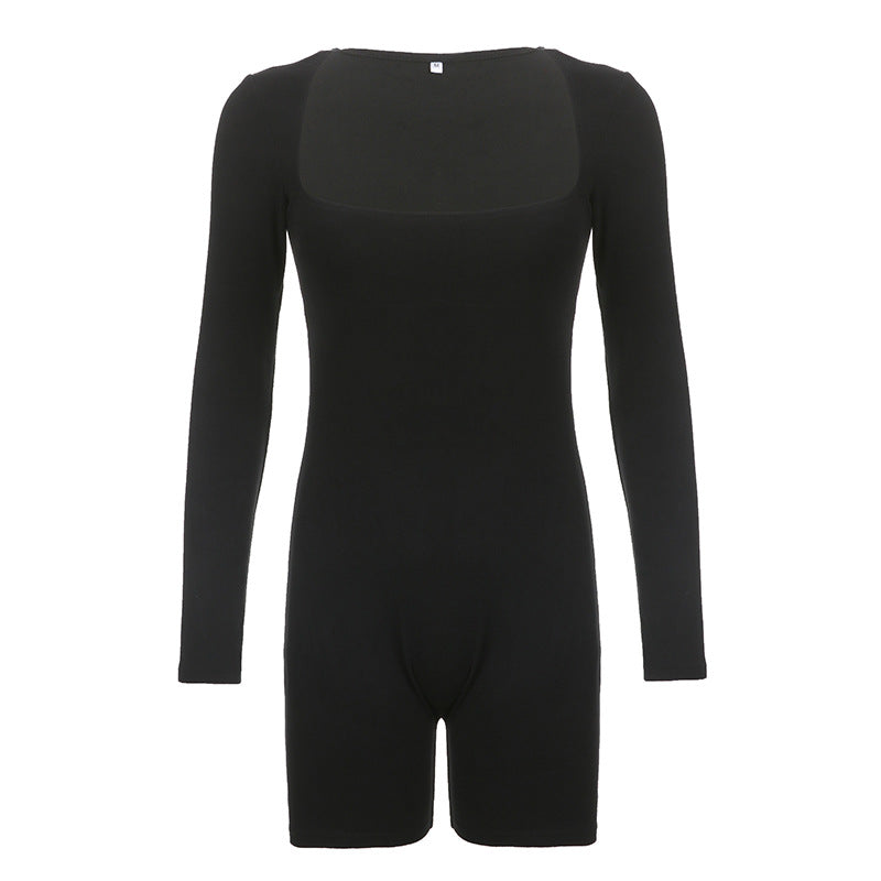Women's Solid Color Basic Bottoming Square Collar Long-sleeved Slim Jumpsuit Casual Sports Shorts