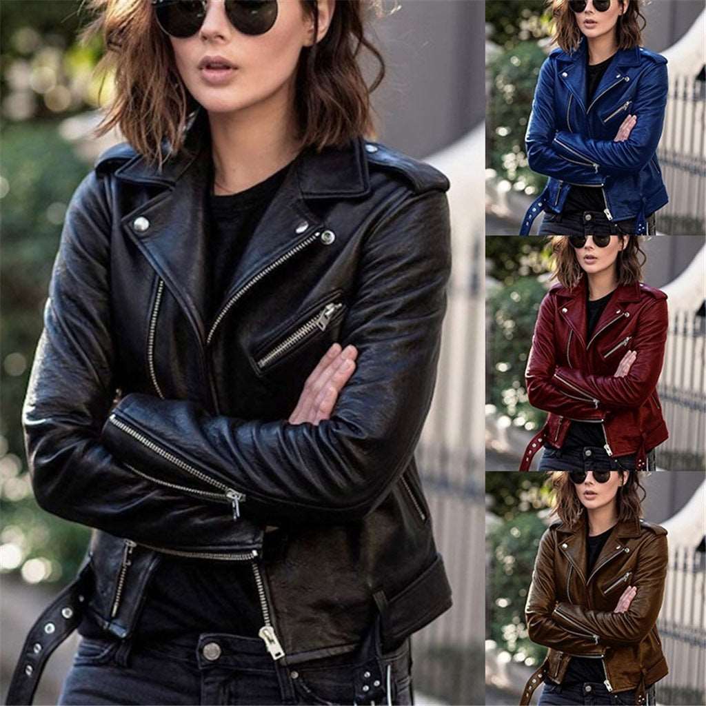 Spring And Autumn Plus Size Women's Short Women's Leather Jacket European And American PU Motorcycle Wear Slim Winter Clothes Wallet Overcome